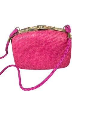 Italy Vintage Bright Pink Woven Crossbody Bag with Gold Trim